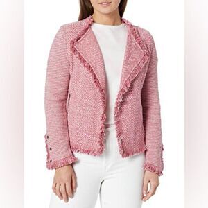 NIC+ZOE Fringe Mix Knit Blazer Jacket Tweed Open Front Pink Size Medium‎ New
